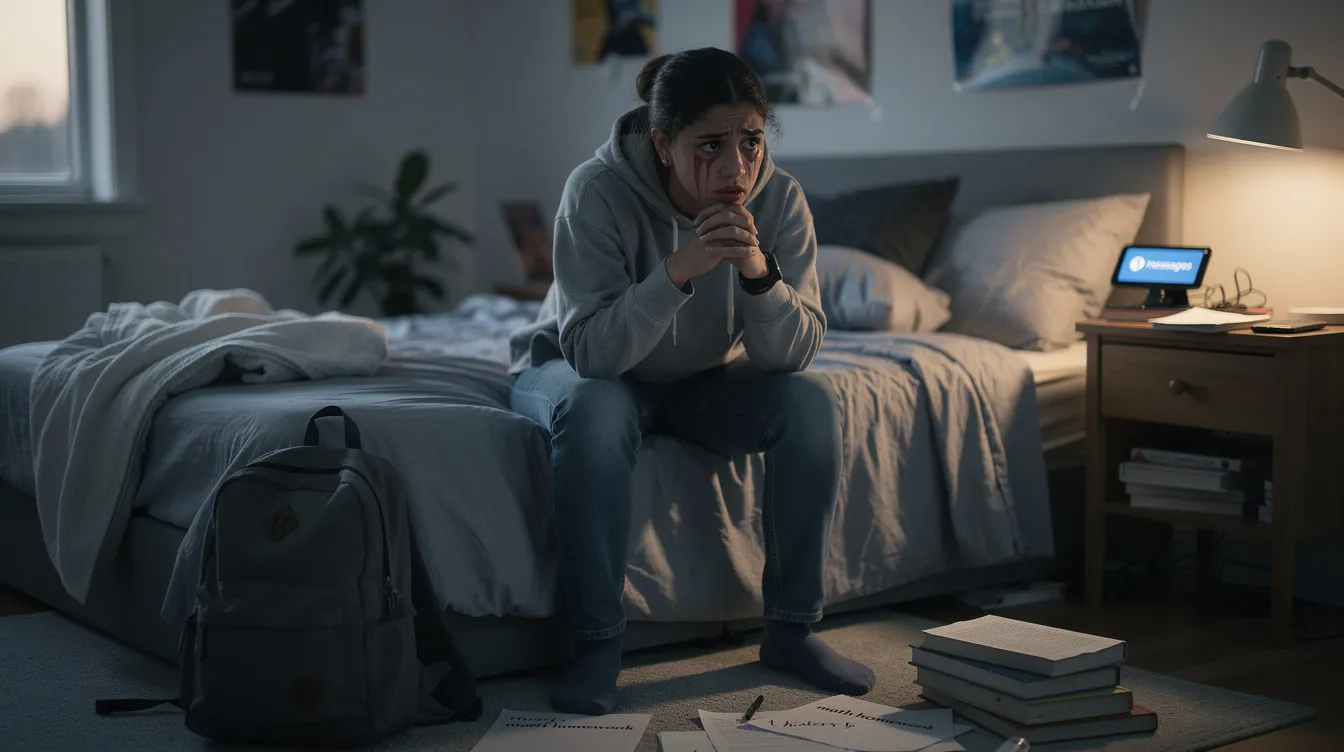 A teenager sits alone with a worried expression, illustrating the impact of anxiety disorders on daily life. This image captures the emotional struggle of dealing with anxiety and depression, highlighting the physical symptoms such as chest pain and fatigue that often accompany these mental health conditions.