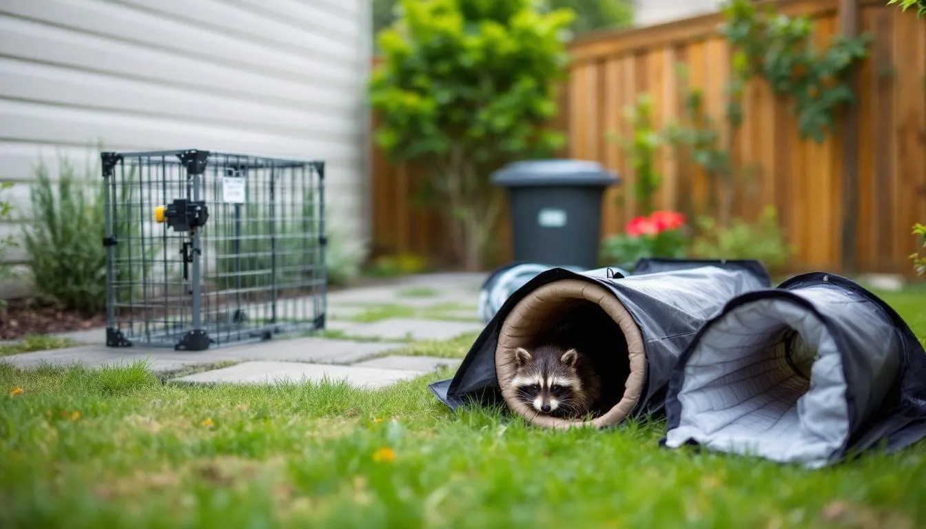 A series of humane traps set up for raccoon removal, showcasing various trapping methods.
