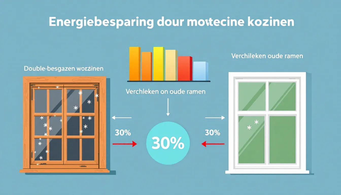 De infographic toont de energiebesparing die moderne kunststof kozijnen, zoals het "ideal 4000" systeem, bieden in vergelijking met oude ramen. Met een focus op energie efficiëntie en optimale thermische isolatie, worden de voordelen van hoogwaardige materialen en dubbel glas benadrukt voor zowel nieuwbouw als renovatie.