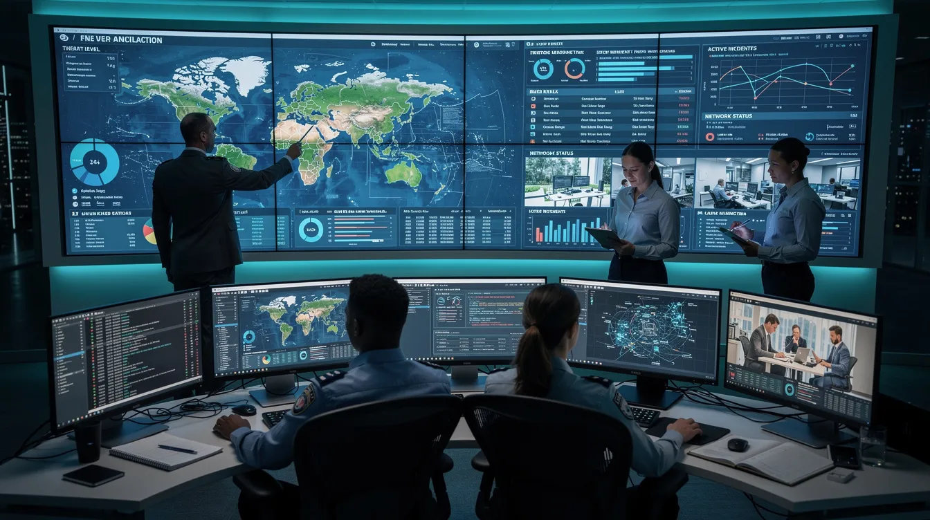 The image depicts a group of security professionals collaborating in a modern operations center, surrounded by multiple screens displaying various security metrics and alerts. Their teamwork highlights essential skills such as clear communication, situational awareness, and effective incident response, all crucial for maintaining safety and addressing potential security breaches.