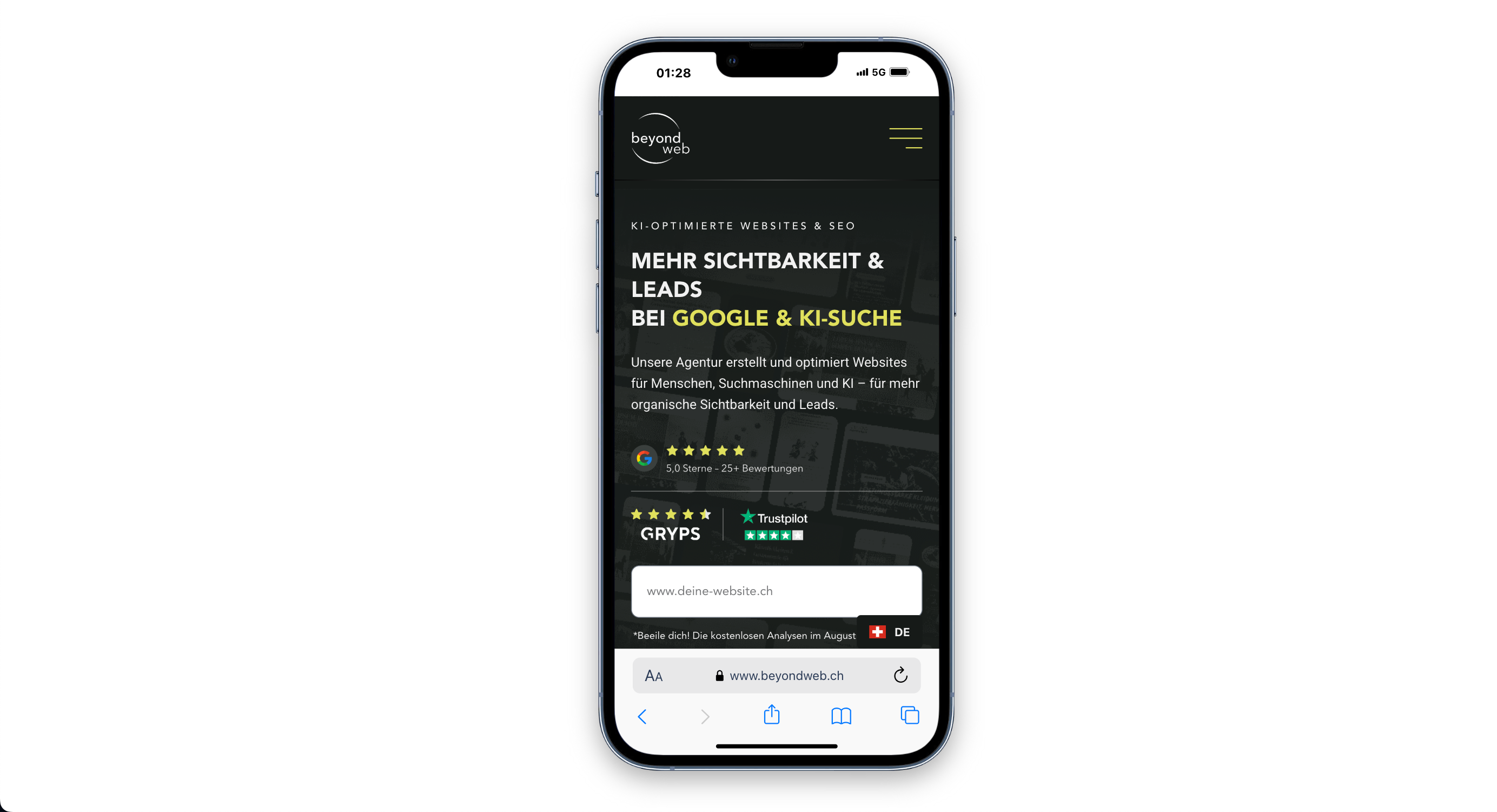 Sreenshot von der Beyondweb Website die mobile optimiert ist