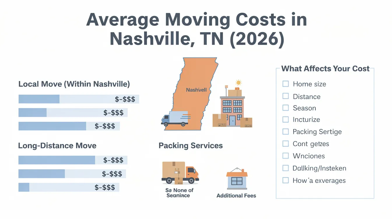 The image illustrates the average moving costs in Nashville, TN for 2026, highlighting various cost factors such as hiring professional movers, local moves, and long distance relocations. It provides insights into transparent pricing, including hourly rates and potential hidden costs, to help individuals plan their move effectively.