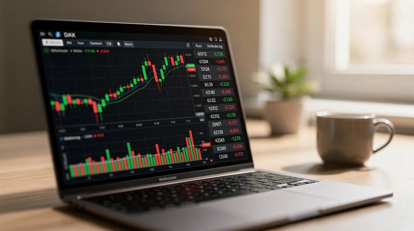 Die Nahaufnahme eines Laptop-Bildschirms zeigt aktuelle Börsenkurse und Charts in einer entspannten Büroumgebung, die einen Einblick in die Wertentwicklung des MSCI World Index und die damit verbundenen Aktienindizes gibt. Im Hintergrund sind einige Büromöbel zu erkennen, die eine angenehme Arbeitsatmosphäre schaffen.