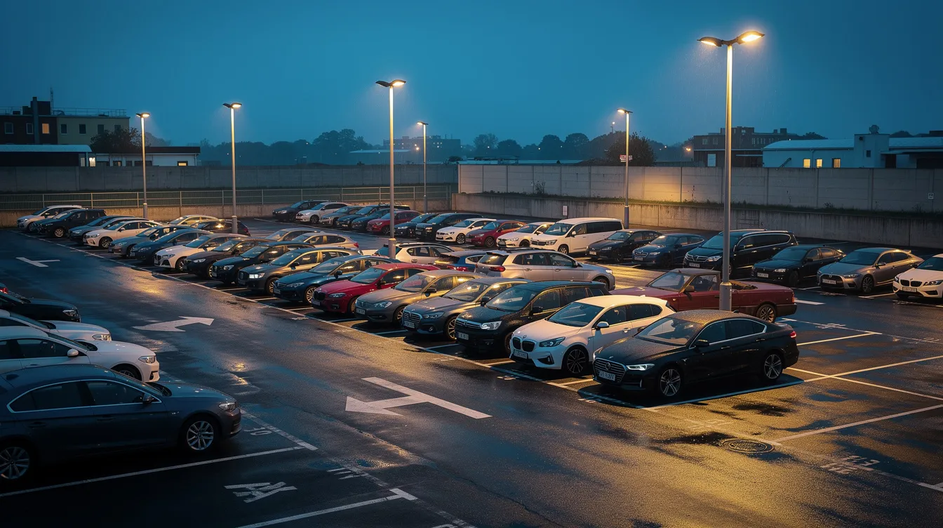 The image shows several cars parked in an outdoor garage lot at dusk, illuminated by security lighting. This scene highlights the importance of adequate garage liability insurance and commercial property insurance for auto repair shops to protect customer vehicles and cover potential liabilities.