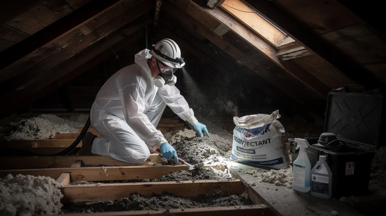 A wildlife control technician in full personal protective equipment (PPE) is seen cleaning bat guano from an attic space, addressing a potential bat infestation. This professional bat removal process aims to mitigate health risks associated with bat droppings and prevent future bat infestations.
