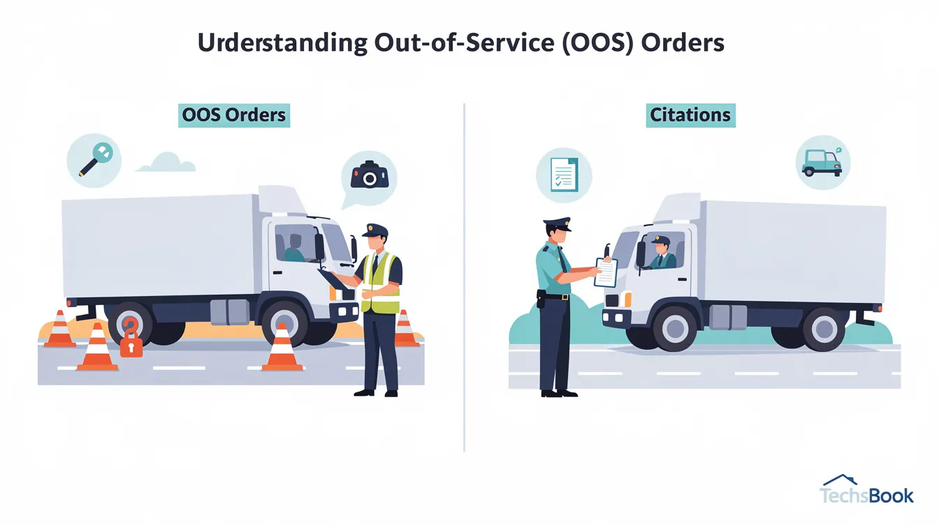 What Happens If Your Truck Fails Roadcheck: The image depicts a visual comparison of Out-of-Service (OOS) orders and citations related to commercial vehicles, emphasizing the importance of compliance with vehicle safety standards and inspections. In the bottom right corner, the TechsBook logo is displayed, indicating a resource for understanding vehicle maintenance and driver responsibilities.