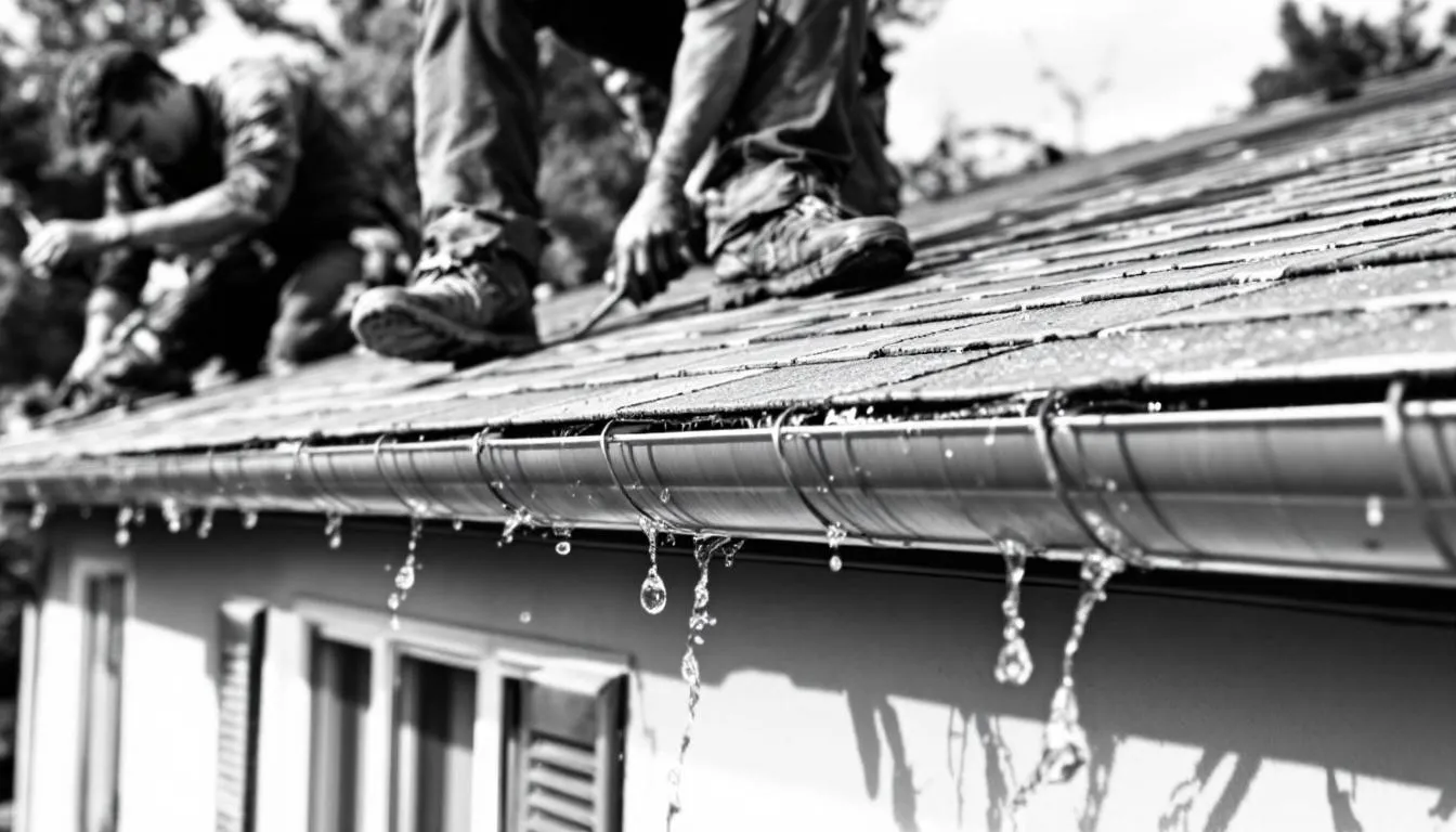 A view of a house in Pueblo, CO with a gutter guard installation in progress.