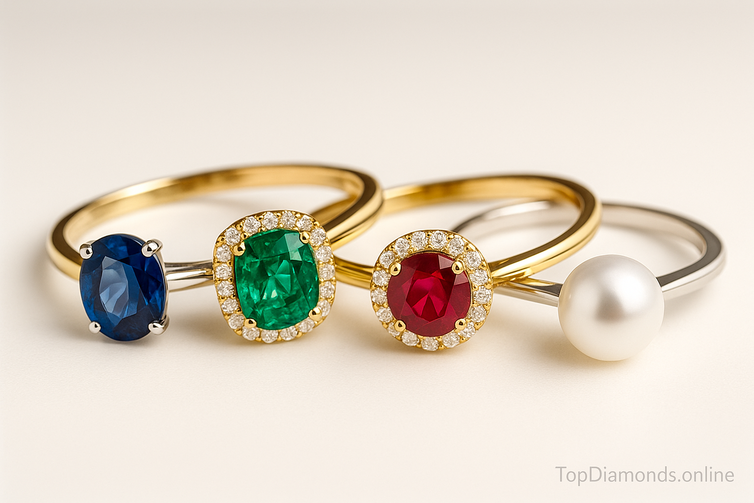 Keturi populiariausi brangakmeniai žieduose (safyras, smaragdas, rubinas, perlas)