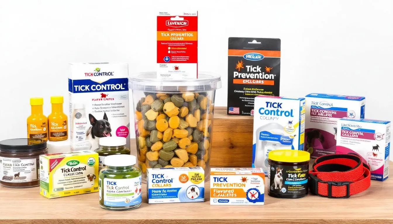 An array of various tick prevention products is displayed, including topical treatments, chewable tablets, and collars designed to protect dogs from tick bites and the transmission of tick-borne diseases like canine ehrlichiosis. These products aim to safeguard dogs from infected ticks, which can lead to serious health issues affecting the immune system and overall well-being.