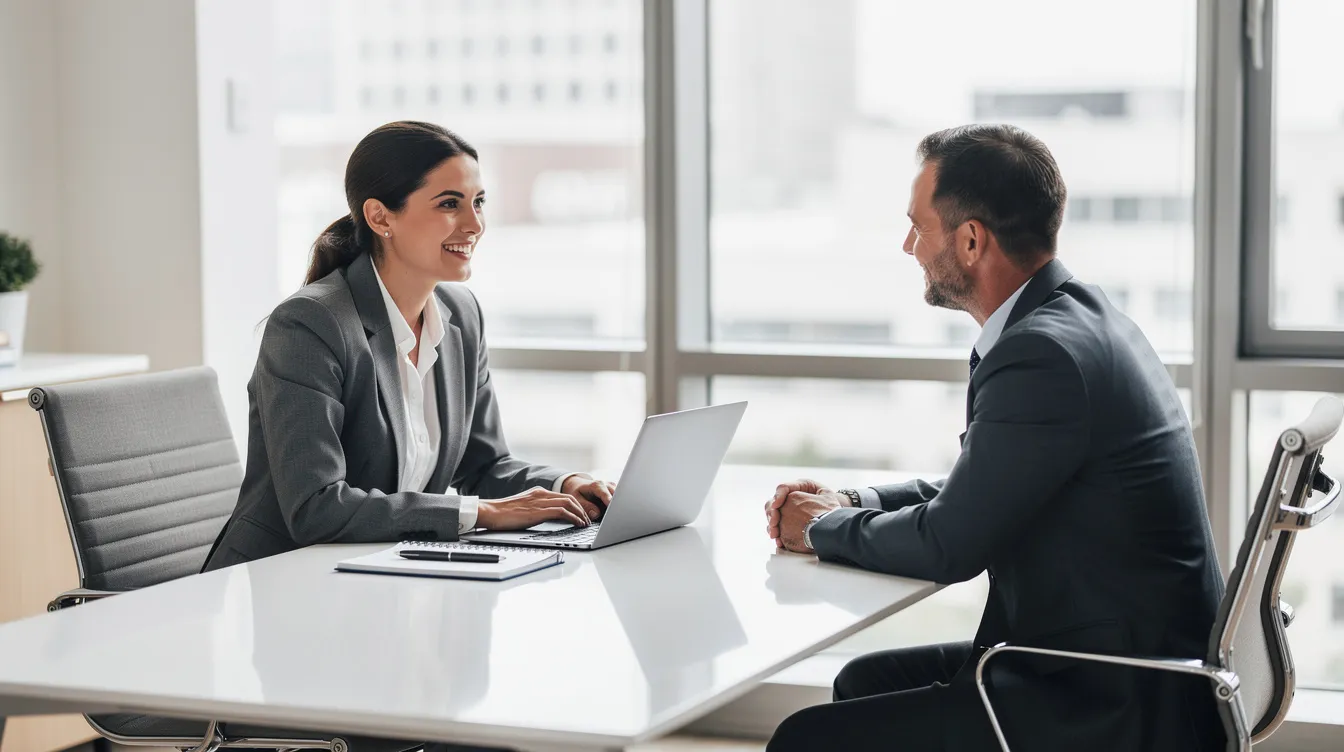 A professional advisor is seated across from a client at a clean, modern office desk, engaging in a friendly consultation about financial options, including low-interest loans and repayment terms. The atmosphere is inviting, reflecting a commitment to providing personalized advice on loan products and financial planning.
