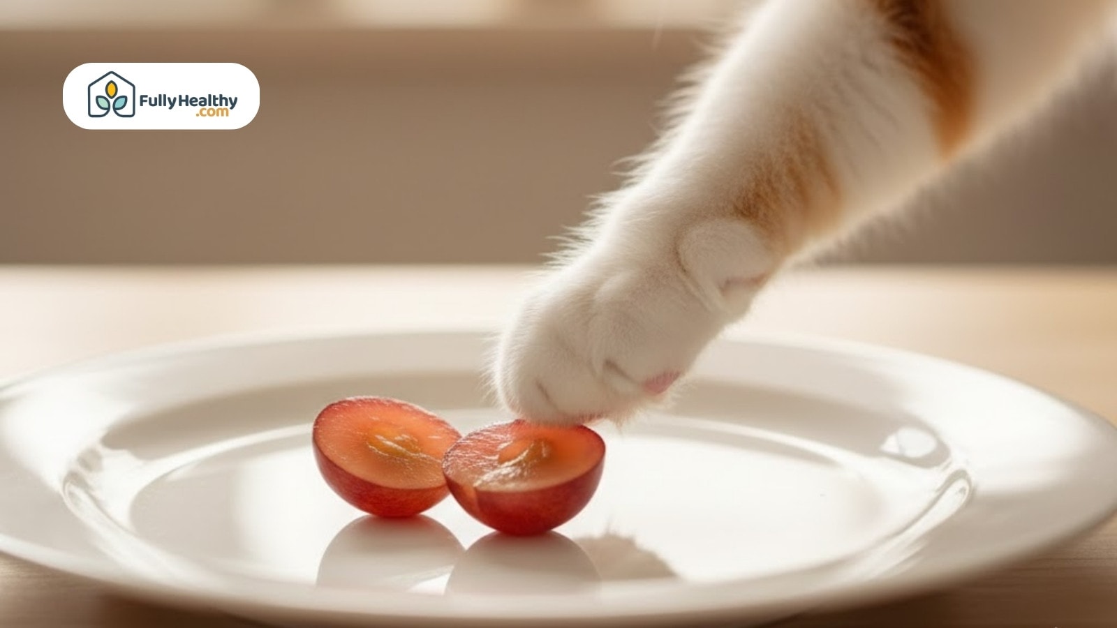 Cat paw touching halved grape on white plate on wooden table
