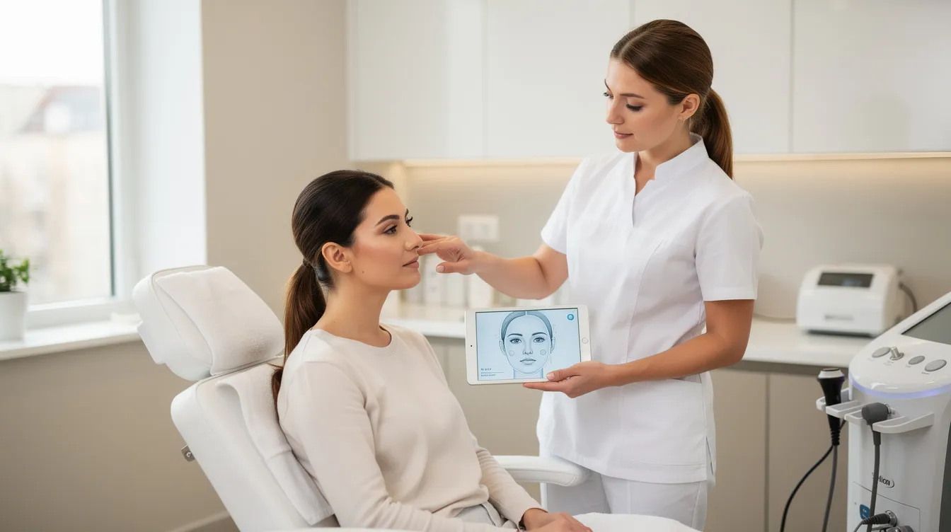 The image depicts a medical aesthetic consultation in a bright treatment room, where a practitioner is carefully reviewing a patient's facial proportions, likely discussing options for lip enhancement and dermal fillers. The setting conveys a professional atmosphere focused on achieving natural-looking results and aesthetic goals.