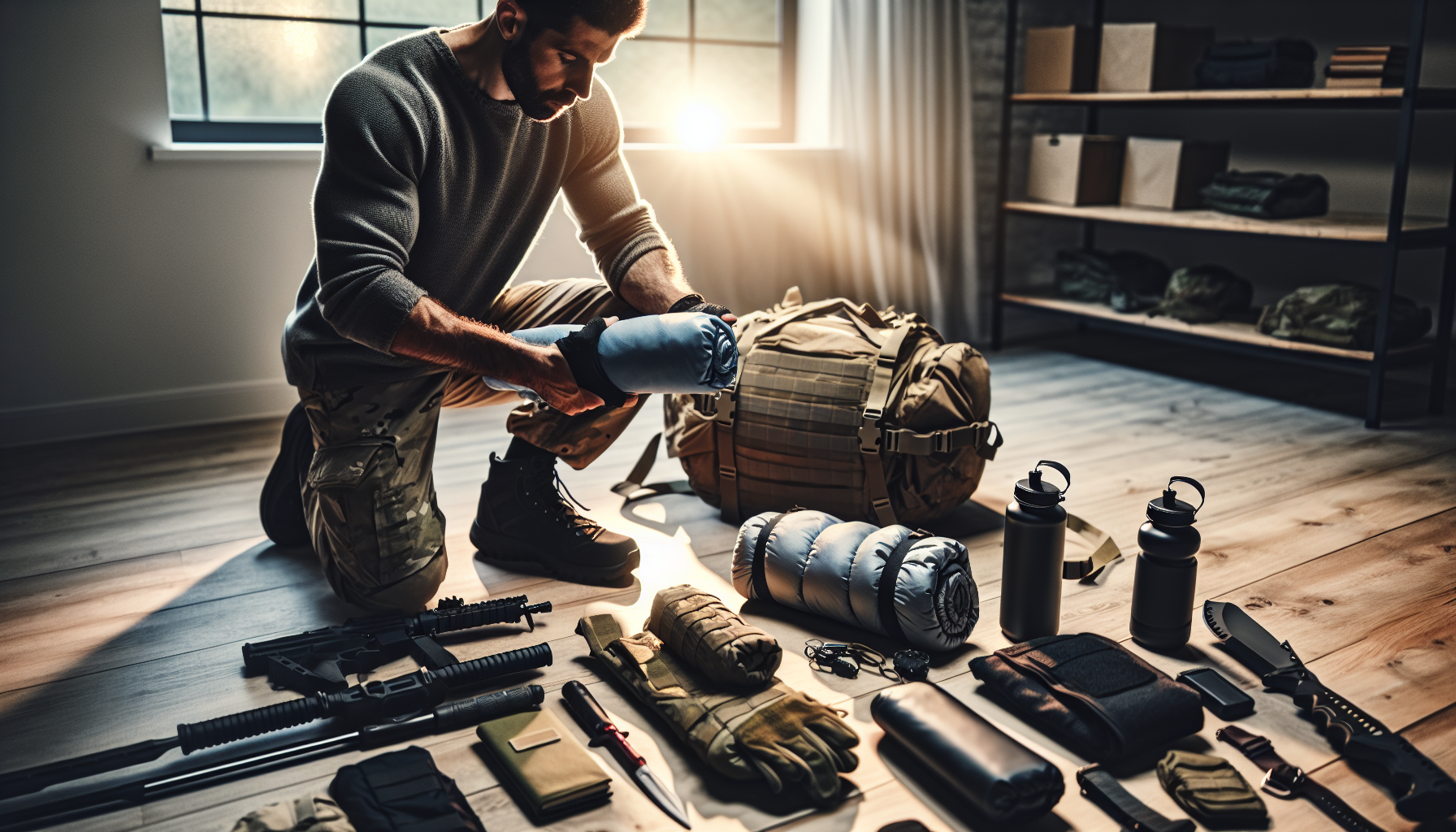 A person assessing storage needs for a tactical backpack