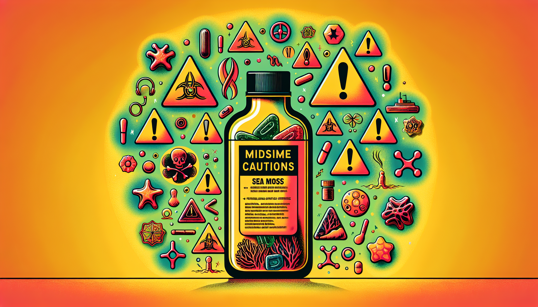 An informative illustration depicting potential side effects of sea moss gummies, with cautionary symbols.