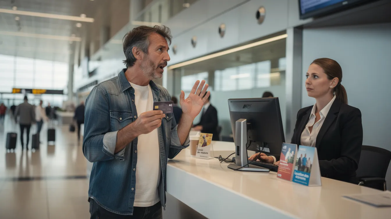 Un voyageur frustré se tient au comptoir de location de voiture, tenant une carte bancaire à la main, visiblement confronté à un problème lié à la location. Son expression montre son inquiétude concernant les conditions de paiement et les exigences de caution avec sa carte de débit.