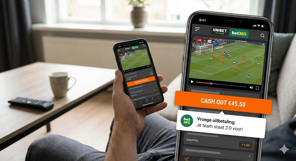 Live wedden via legale online bookmakers zoals Unibet en Bet365 op smartphone en tablet, met cash out functie en vroege uitbetaling bij online weddenschappen op voetbal, voorbeeld van veilig wedden op sport met beste odds onder toezicht van de Nederlandse Kansspelautoriteit sinds 2021.