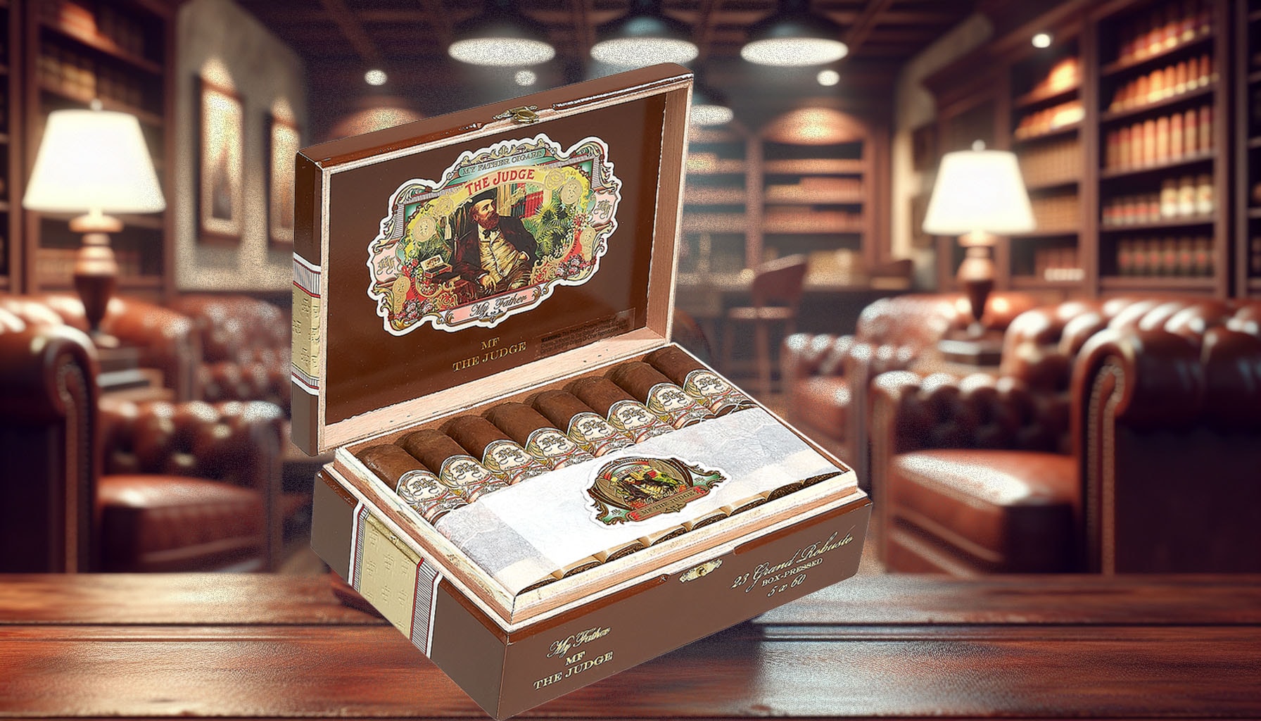 An illustration of the My Father The Judge 560 Box Pressed cigar, emphasizing its unique box-pressed shape.