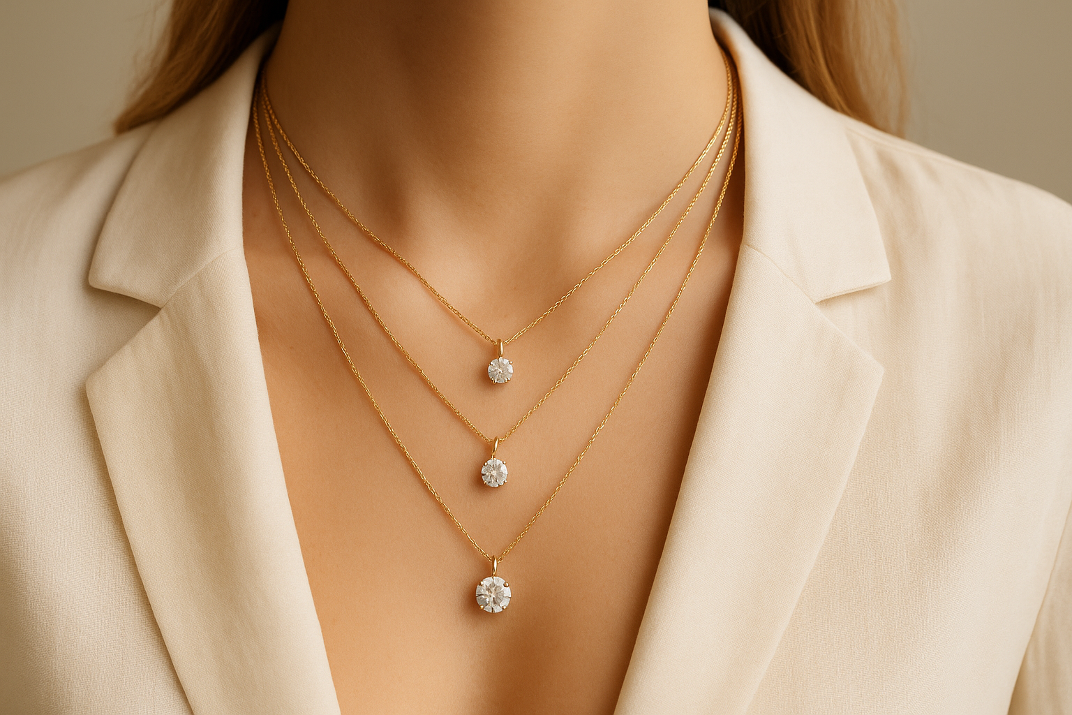 Stilingos merginos skirtingom auksinėmis grandinėlėmis, ant kurių pakabinti skirtingo dydžio deimantai 0.30 ct, 0.50 ct ir 1.00 ct