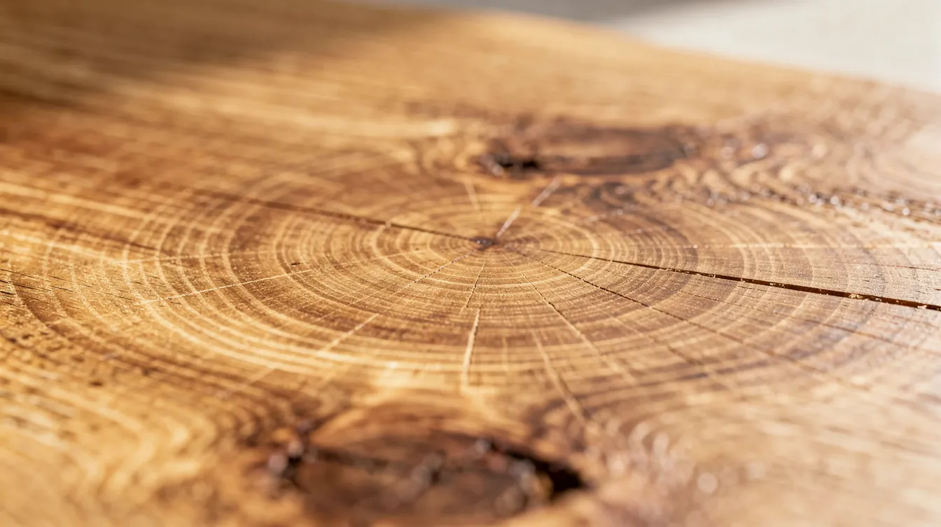 Närbild på en vacker ekskiva som visar den detaljerade träådringen och den naturliga texturen. Denna skiva av massivt trä ger en känsla av kvalitet och stil, perfekt för att skapa ett unikt matbord eller köksbord i hemmet.