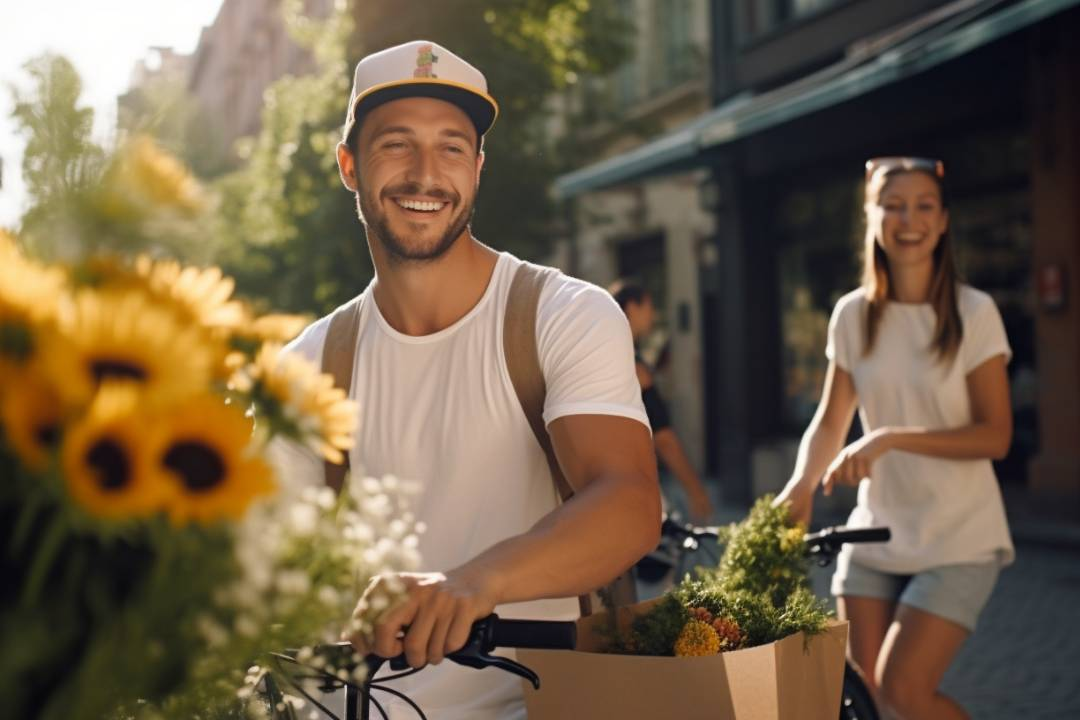 Man smiling with happy customers, about to deliver more orders to a business with sunflowers and roses, a beautiful bouquet - Flower Guy