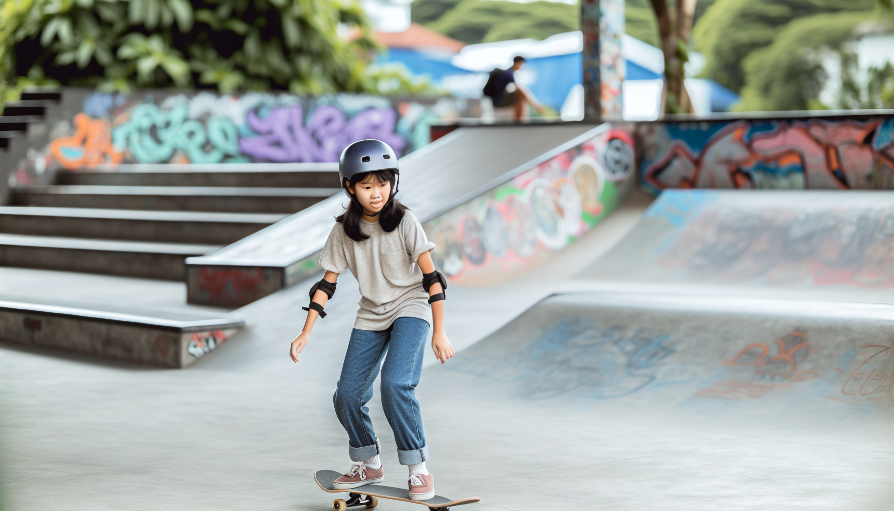 A beginner skateboarder practicing balance and stance on the board
