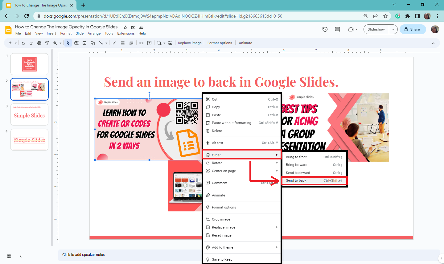 Then click "Send-to back" to send image at the back of slide.