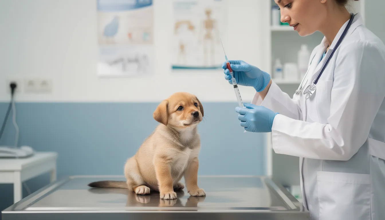 Na zdjęciu widać szczeniaka podczas wizyty szczepiennej u weterynarza, gdzie lekarz weterynarii trzyma strzykawkę, gotowy do podania szczepionki. W tle można dostrzec sprzęt medyczny, co sugeruje, że jest to miejsce monitorowania stanu zdrowia psa.
