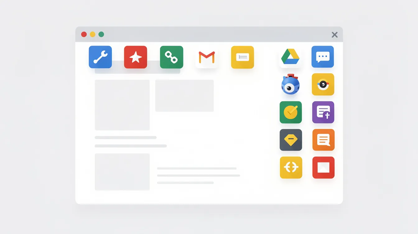 Billedet viser en åben browser i Google Chrome, fyldt med farverige ikoner for forskellige udvidelser, der repræsenterer forskellige apps og værktøjer til e-handel og online markedsføring. Ikonerne er præsenteret i en overskuelig rækkefølge, hvilket gør det nemt for brugerne at vælge og installere de ønskede funktioner.