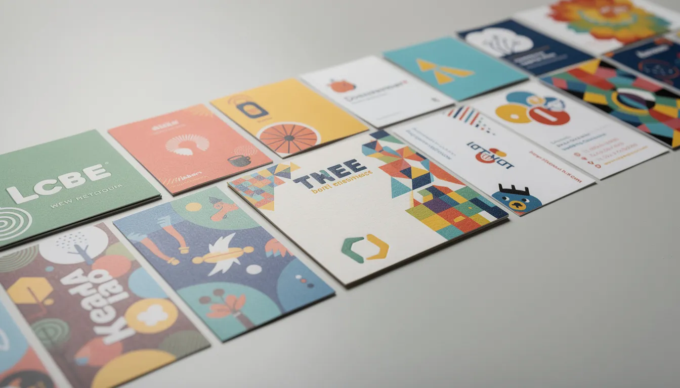 A vibrant spread of colorful and artistic business cards showcases a variety of creative designs and typography, reflecting the brand's personality and professionalism. Each card features bold colors, unique styles, and elements like logos and QR codes, offering design inspiration for potential clients in the digital world.