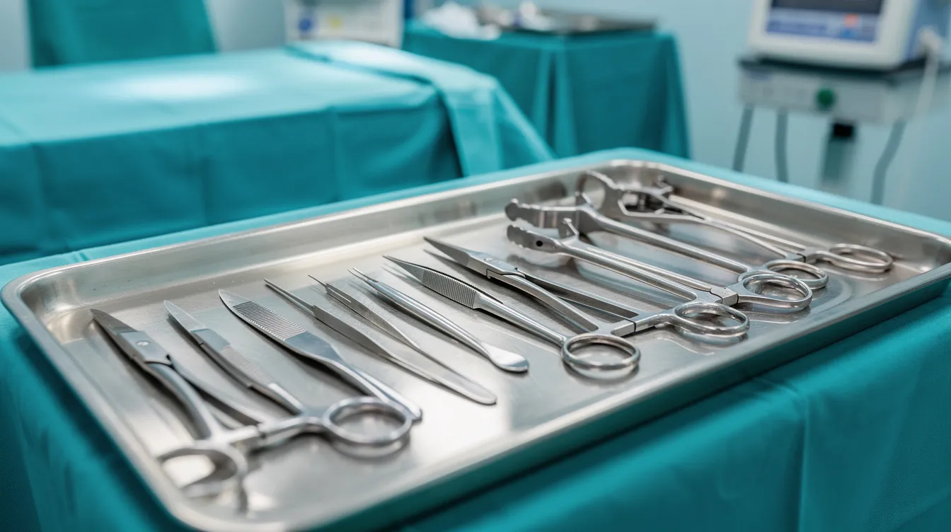 The image shows a sterile arrangement of surgical instruments on a stainless steel tray in an operating room, ready for a labiaplasty procedure. These instruments are essential for plastic surgeons to perform surgeries aimed at improving the appearance and function of the labia minora and majora.