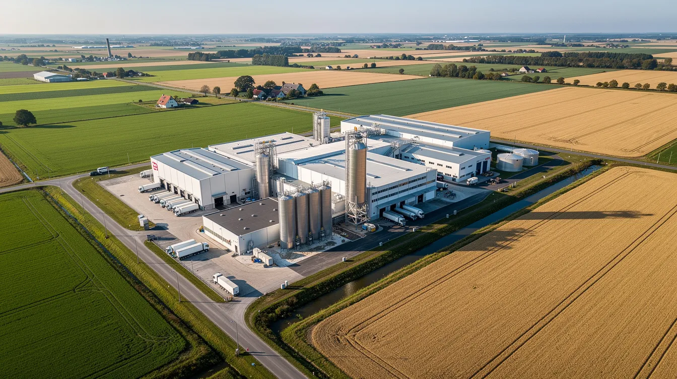 3e07ba87 ae5f 40fc 9633 b47d98ea1ac6 An aerial view captures a large industrial dairy processing plant surrounded by expansive rural farmland, highlighting its significant role in milk production and dairy farming projects. The facility is equipped with advanced machinery for UHT milk processing, emphasizing the plant's capacity to meet the rising demand for various dairy products.