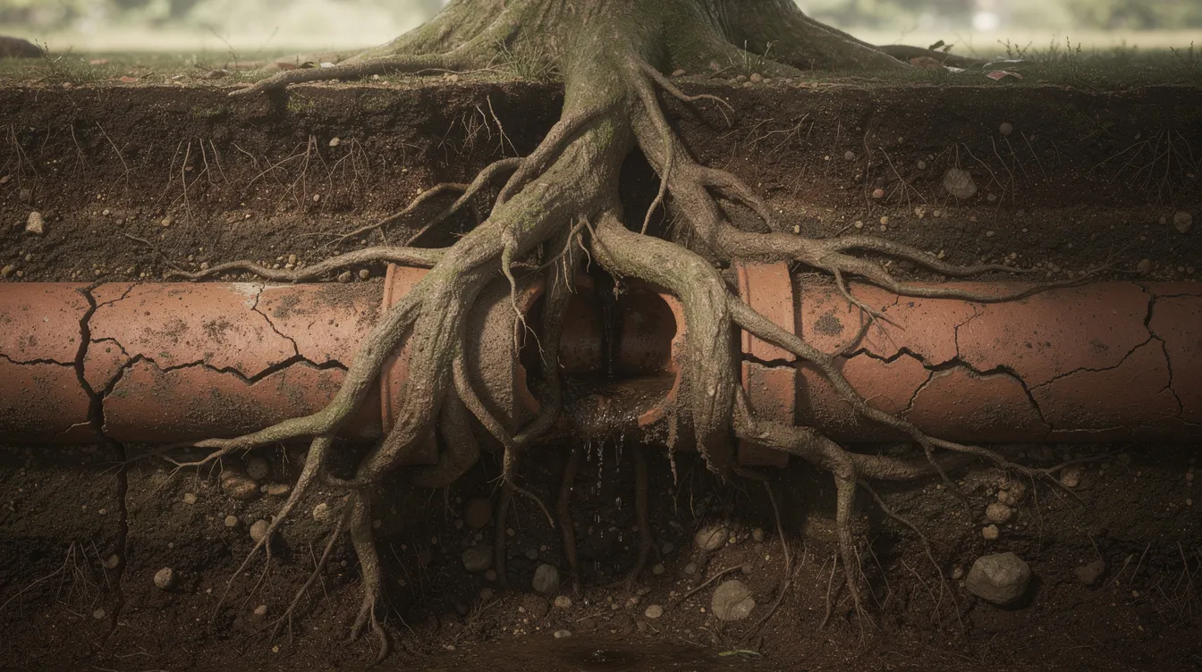 The image shows tree roots intricately growing around and through an old clay pipe underground, highlighting potential issues that can lead to a clogged sewer line. This situation could result in sewer backups, necessitating sewer line repair and maintenance to prevent flooding and ensure proper drainage.