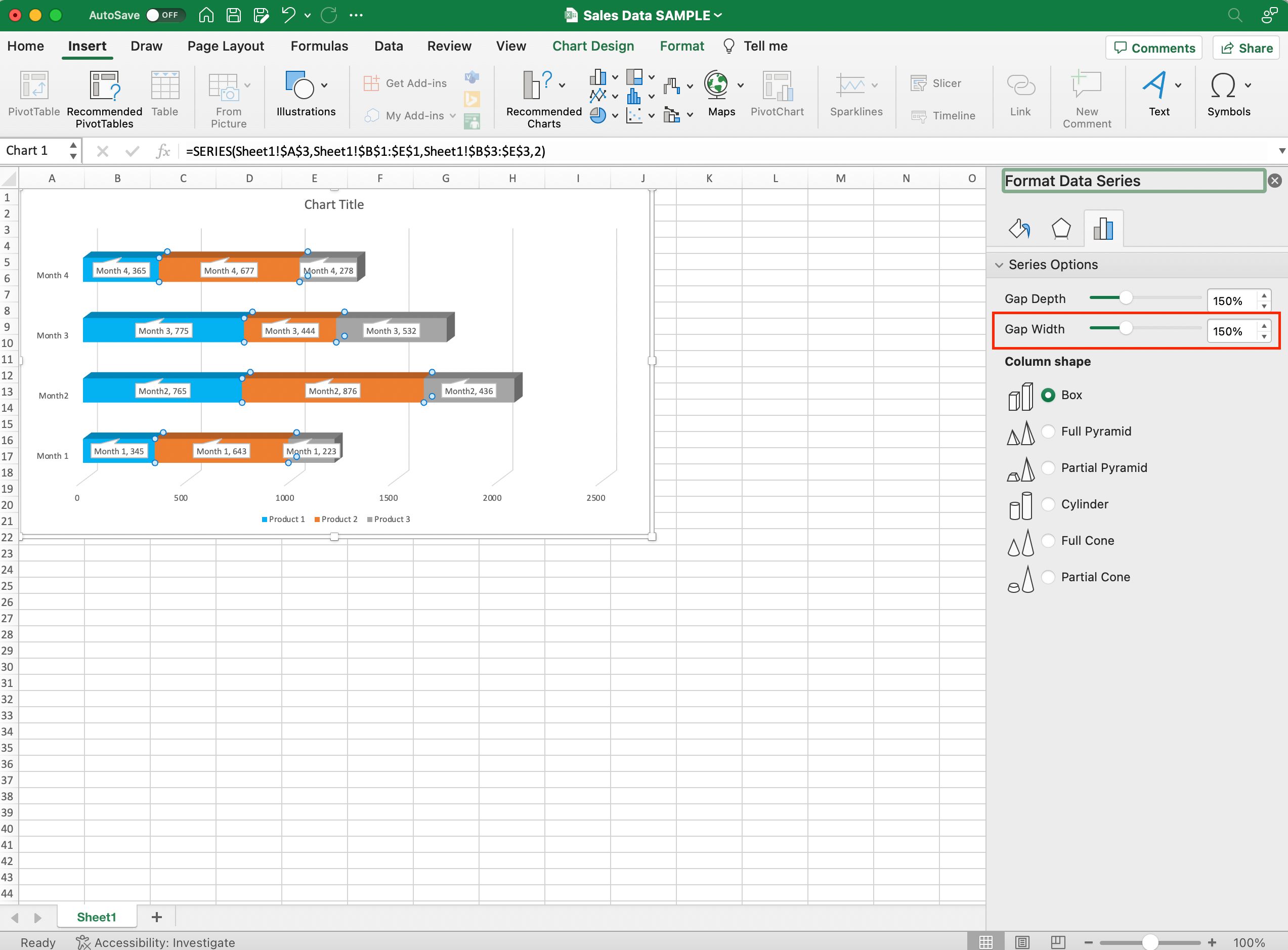 Adjust gap width slider in excel