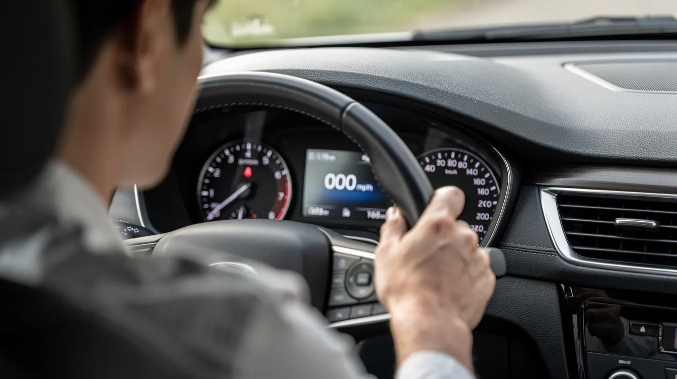 A person is inspecting a car's dashboard and odometer, likely checking the vehicle's mileage and ensuring it meets the required safety standards for its next MOT test. This action is crucial for understanding the car's condition and maintenance history before a potential purchase or MOT history check.
