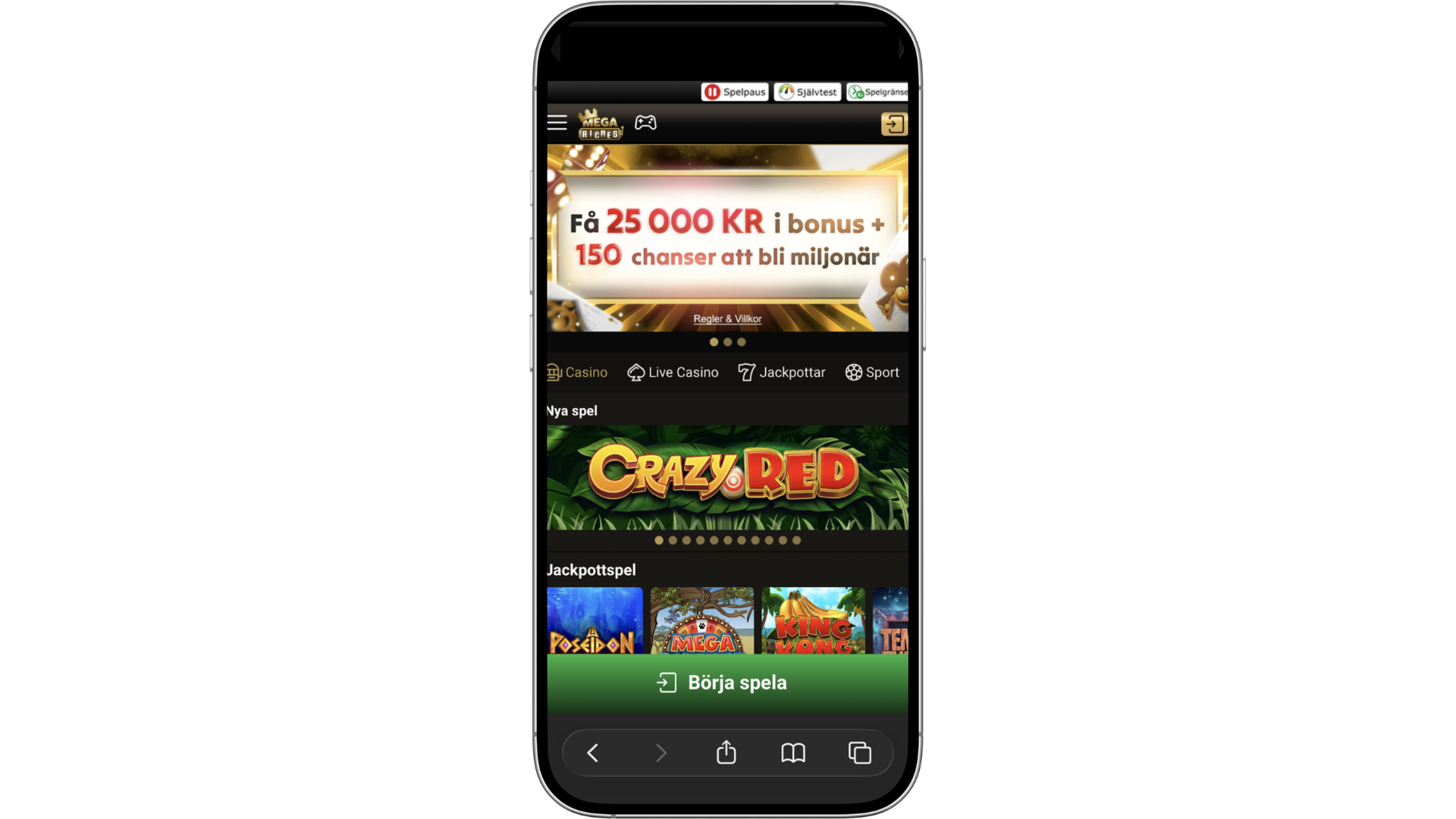 Mega Riches startsida i mobilen.