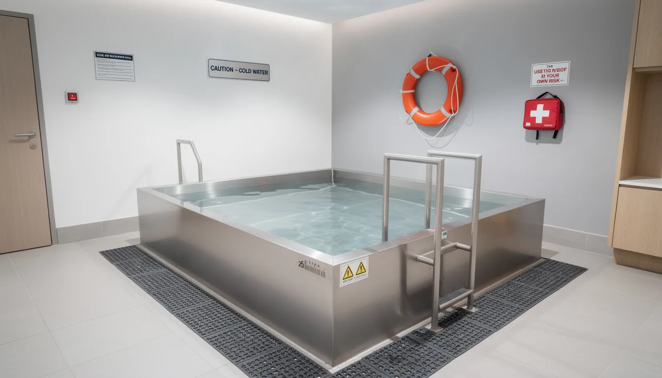 The image depicts a professional cold plunge setup featuring a cold plunge tank filled with clear, icy water, surrounded by safety equipment. This setup is designed for cold water immersion, promoting benefits like improved circulation and mental clarity while ensuring safety during cold therapy practices.