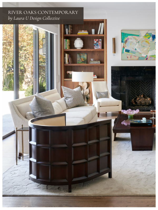 River Oaks Contemporary living room with dark brown and pale tones