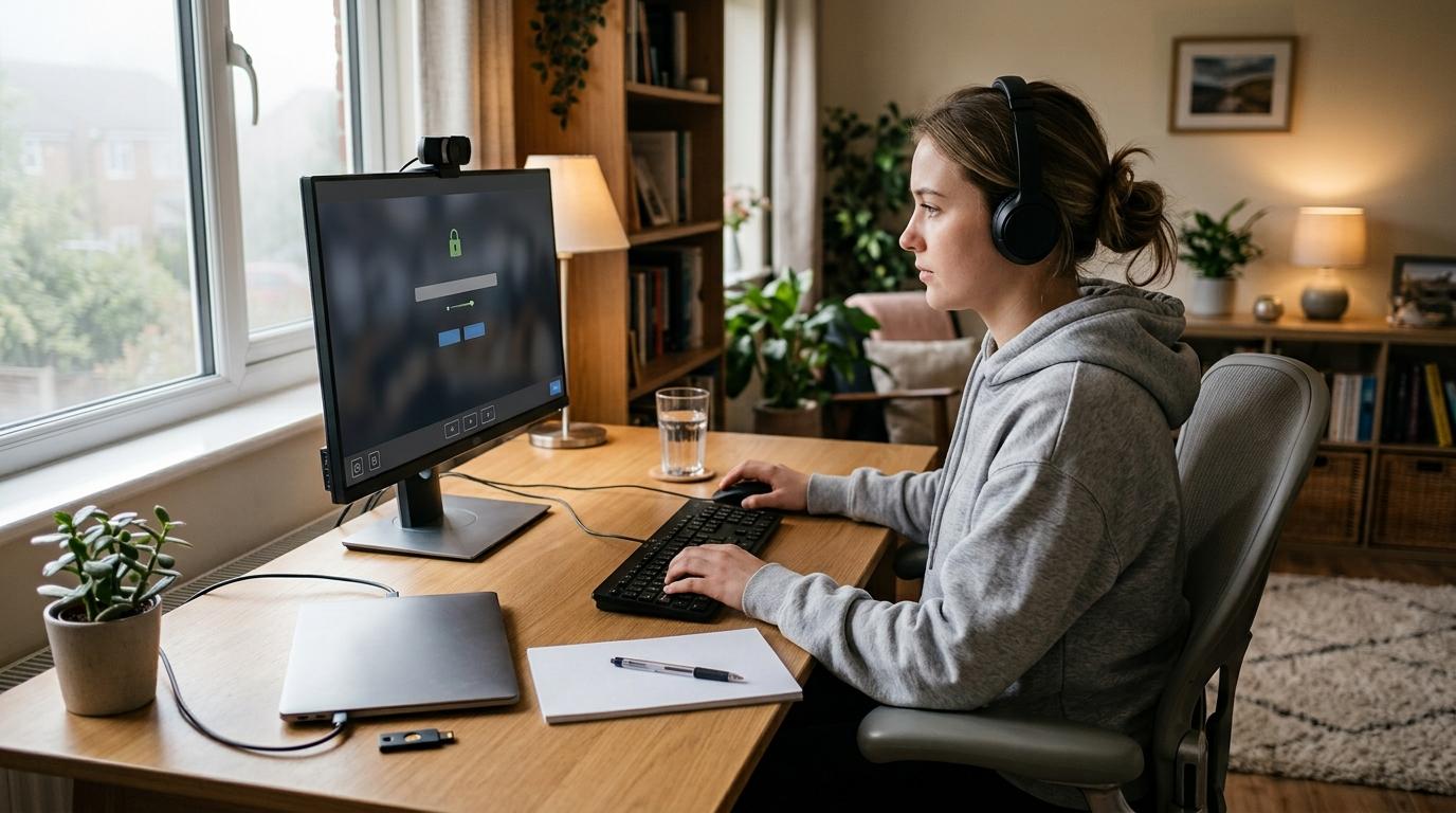 University student taking a secure online exam in a comfortable home setting with subtle privacy-focused cybersecurity elements and an isolated cloud-based virtual desktop.