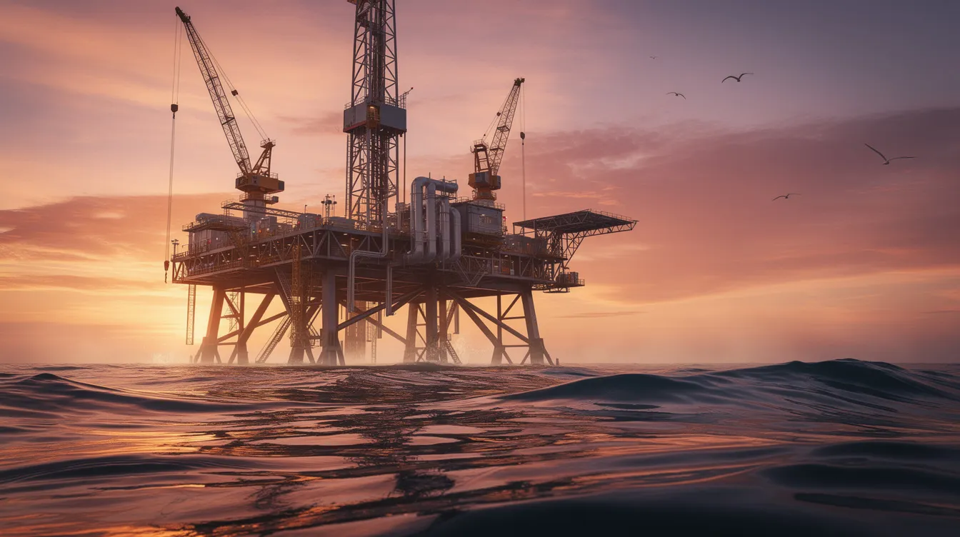 The image depicts an oil extraction platform silhouetted against a vibrant sunset, with hues of orange and purple filling the sky. This scene represents the working environment in the oil industry, where safety is paramount, and the importance of hiring an abogado de accidentes laborales en Houston cannot be overstated.