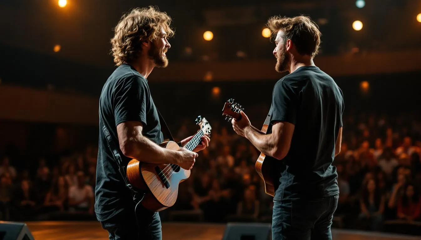 Ein Ukulele-Spieler steht auf der Bühne und spielt eine verstärkte Tenor-Ukulele mit einem Piezo-Tonabnehmer, während das Publikum gespannt zuhört. Die Atmosphäre ist lebhaft, und der Klang der Ukulele erfüllt den Raum.