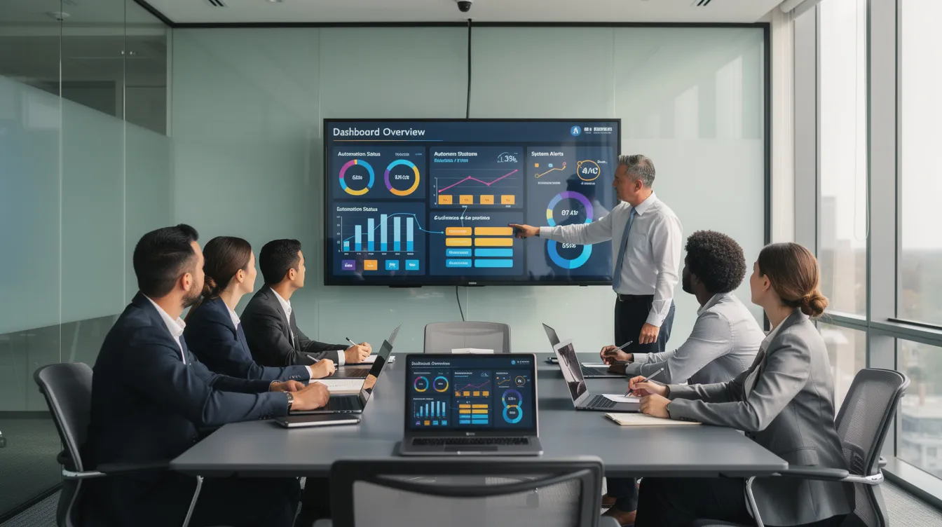A team is gathered in a conference room, reviewing dashboards and automated systems, discussing how multiple AI agents can work together to manage complex tasks and achieve broader business objectives. The atmosphere is collaborative as they explore the capabilities of agentic AI systems and generative AI models for optimizing workflows with minimal human intervention.