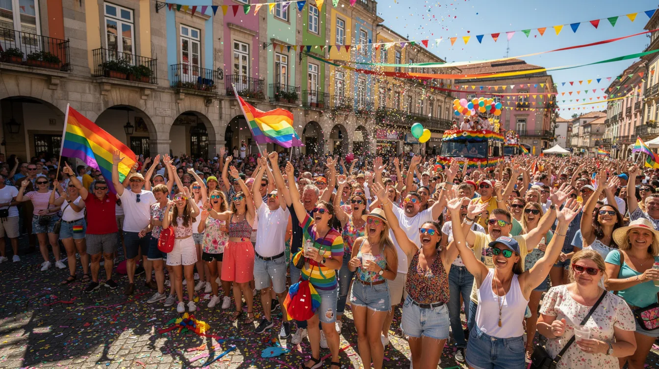 A large and joyful crowd is celebrating at an outdoor summer parade in a European city square, adorned with vibrant rainbow decorations and showered with confetti, symbolizing pride and acceptance within the LGBT community. The atmosphere is filled with happiness as people of diverse sexual orientations, including same-sex couples and openly gay individuals, come together to advocate for marriage equality and societal acceptance.