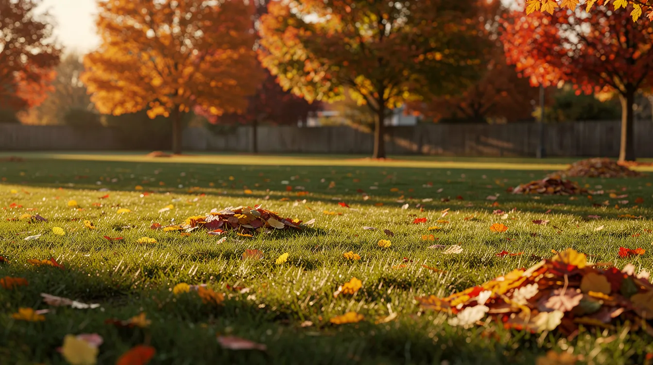 A vibrant autumn lawn showcases a mix of leafy growth and fallen leaves, with patches of healthy grass interspersed among areas of dead grass. This image highlights the importance of autumn lawn care, including the application of autumn lawn fertilisers and grass seed to encourage root growth and improve soil structure as the season changes.