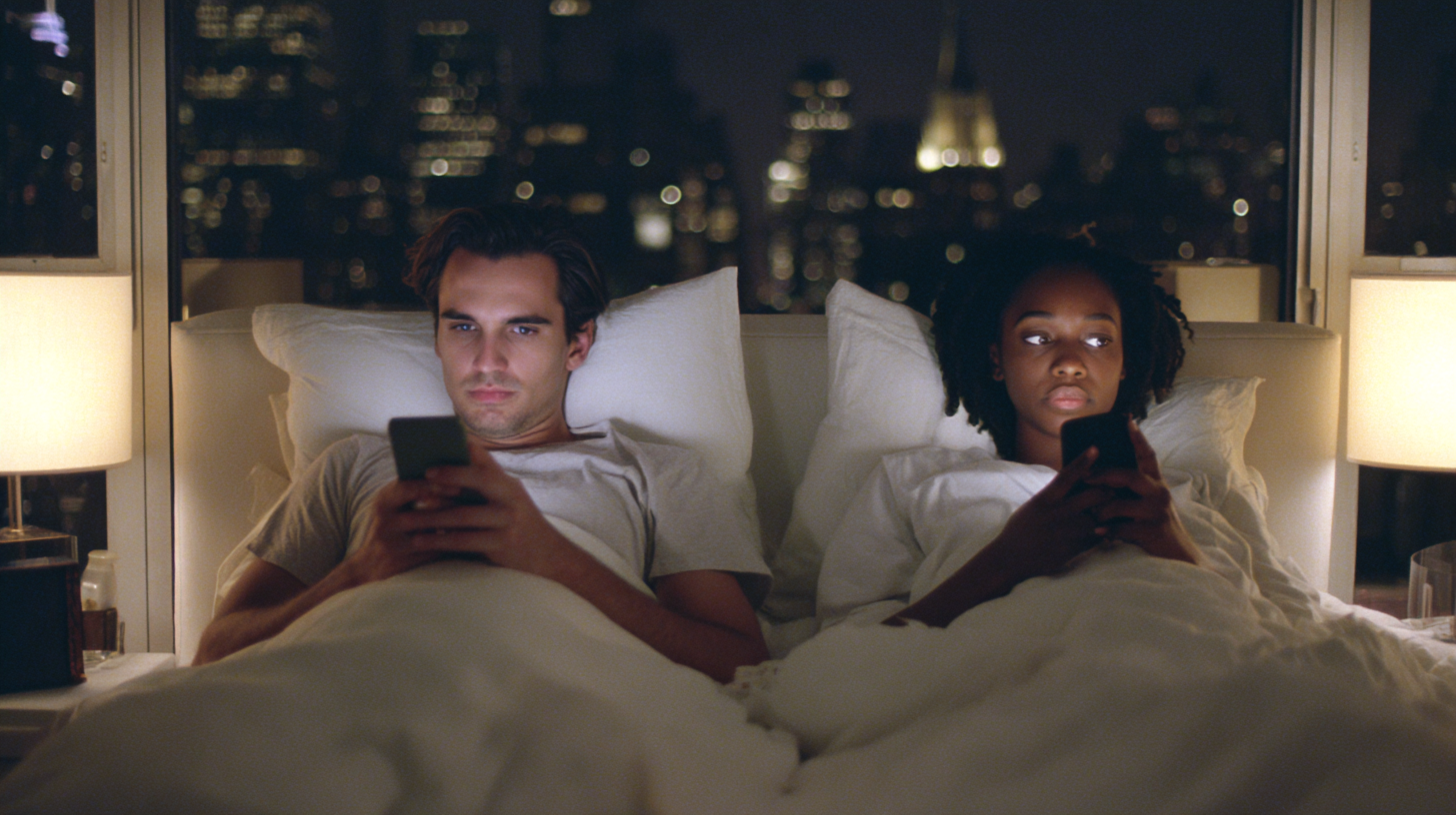 Young couple in their late 20s in a Tribeca bedroom at 11:30pm, each turned away on phones, capturing the quiet distance that brings high-achieving NYC couples to Emotionally Focused Therapy at New York Therapy.y