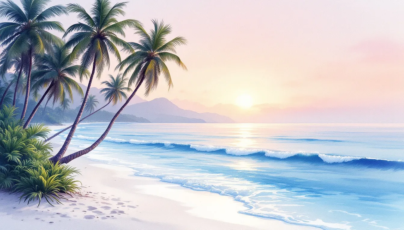 Sprüche über Urlaub am Meer, mit einem Strand und Palmen im Bild.