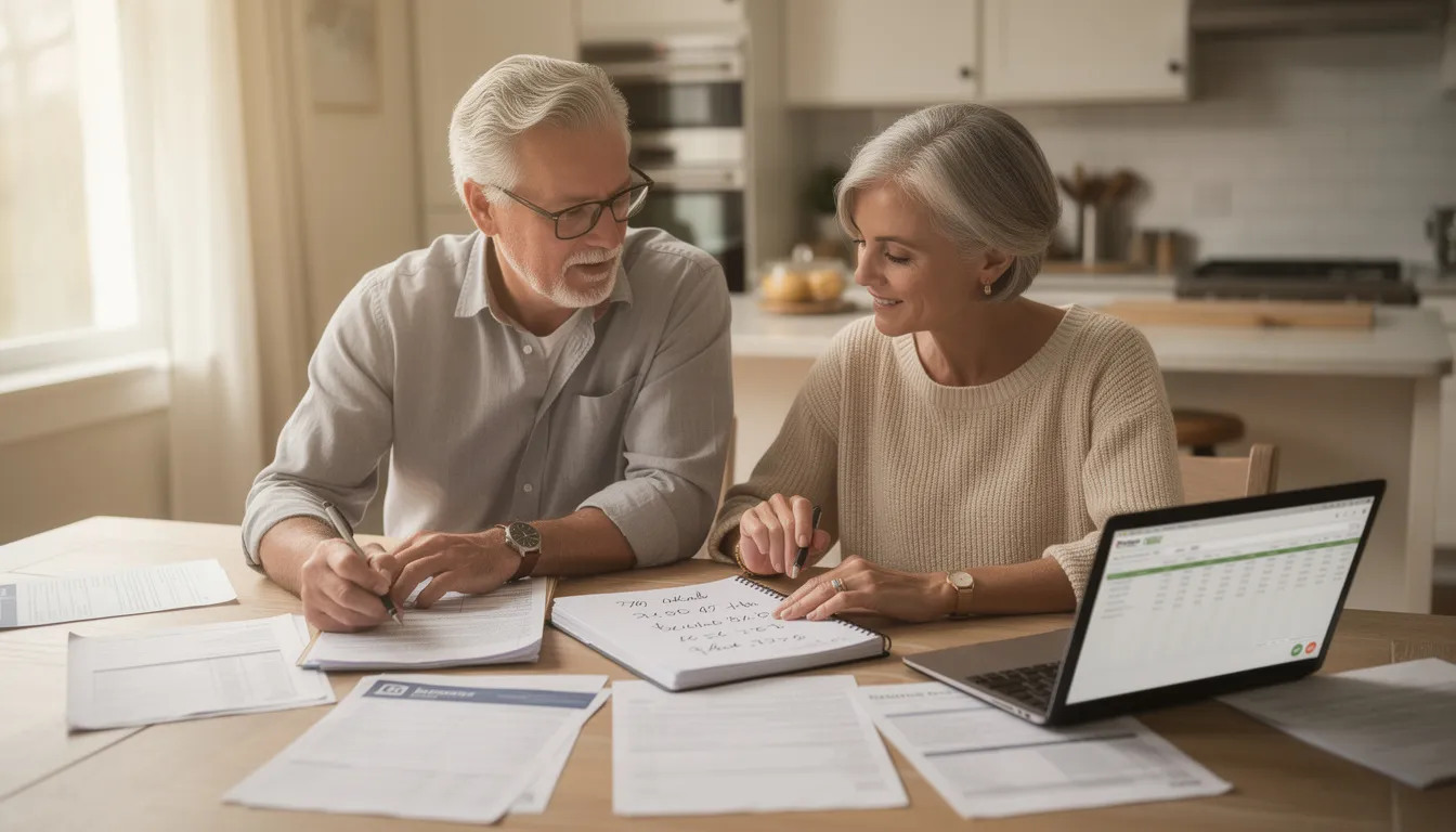 A retired couple is seated at their kitchen table, carefully reviewing financial statements and paperwork related to their retirement accounts. They appear focused on understanding their required minimum distributions (RMDs) and the associated IRS rules to ensure compliance and avoid any potential penalties.