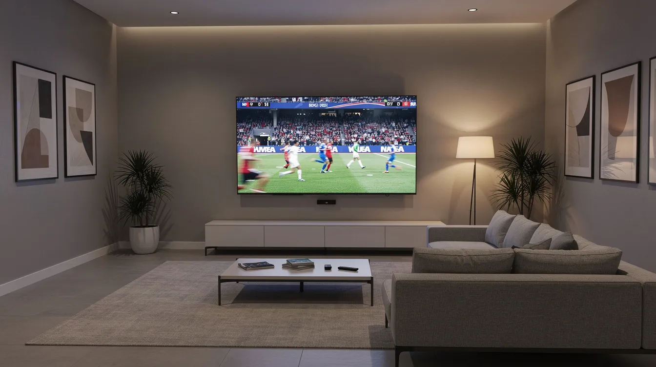 The image depicts a modern living room featuring a large flat-screen TV that is currently broadcasting a sports event, creating an engaging home entertainment atmosphere. This setting highlights the importance of professional DSTV installation services for an optimal viewing experience, showcasing the need for qualified DSTV installers and their expertise in decoder setup and satellite dish installation.