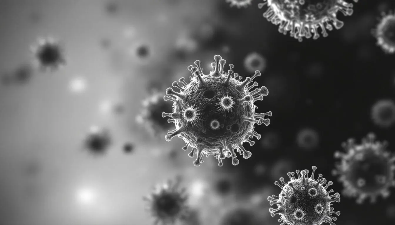 A microscopic view reveals numerous canine distemper virus particles, showcasing their intricate structure and highlighting the viral infection that poses a significant threat to unvaccinated dogs and can lead to severe neurological symptoms and secondary infections. This highly contagious virus can affect both domestic and wild animals, making it crucial for pet owners to ensure their dogs are vaccinated to prevent the spread of distemper.