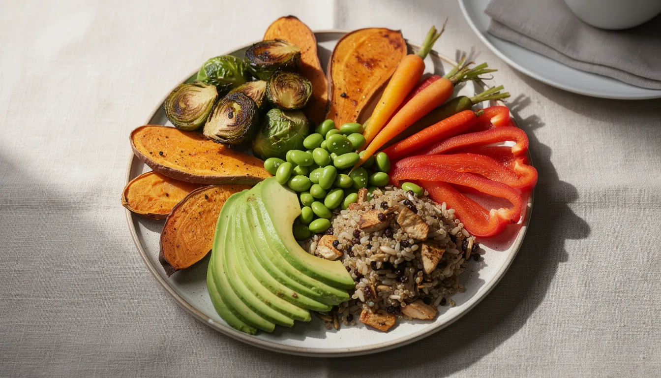 The image features a vibrant, plant-forward meal displayed on a ceramic plate, showcasing an array of roasted vegetables, creamy avocado slices, and edamame, all complemented by whole grains. This colorful dish highlights the health benefits of incorporating nmn-rich foods into a balanced diet, promoting cellular health and energy metabolism.