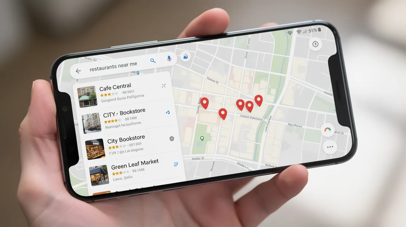The image displays a smartphone screen showcasing Google Maps local search results, highlighting various business listings and map pins for electrical services. This visual emphasizes the importance of local SEO and effective marketing strategies for electrical contractors to attract potential customers through relevant local searches.